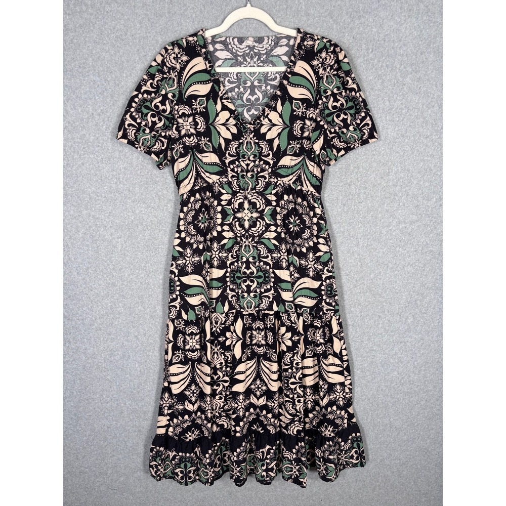 Fat Face Priya Mosaic Leaf Midi Dress Size 8R Black Green Tan Tiered Peasant‎